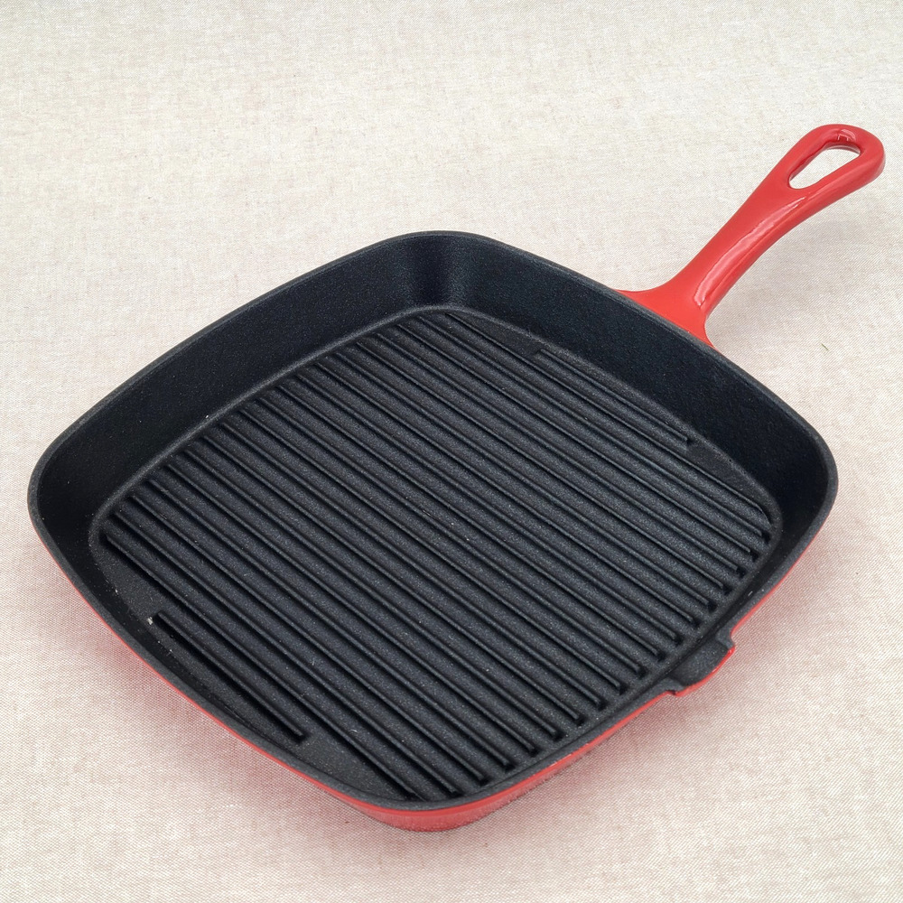 Tomato Red Enamel Country Cottage By Ultrex Cast Iron Grill 9.5" Sq Skillet Pan